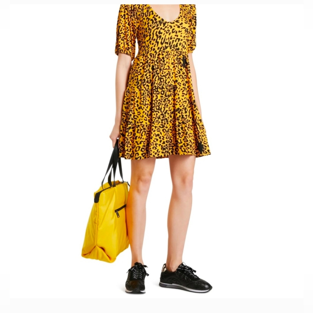 Desigual Leopard Babydoll Puff Sleeve Tiered Dress M - Picture 2 of 6